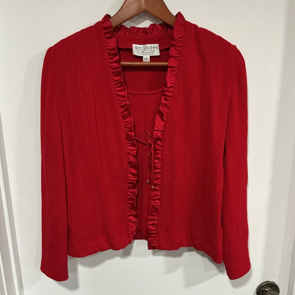 St. John Evening Knit Cardigan Set, Ruffle Trim And Tie Closure, Red, 6 - Picture 1 of 16